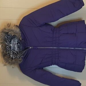 WEATHERTAMER  Deep Purple Zip Up Jacket With Faux Fur Trim Hood Girls M 10 / 12